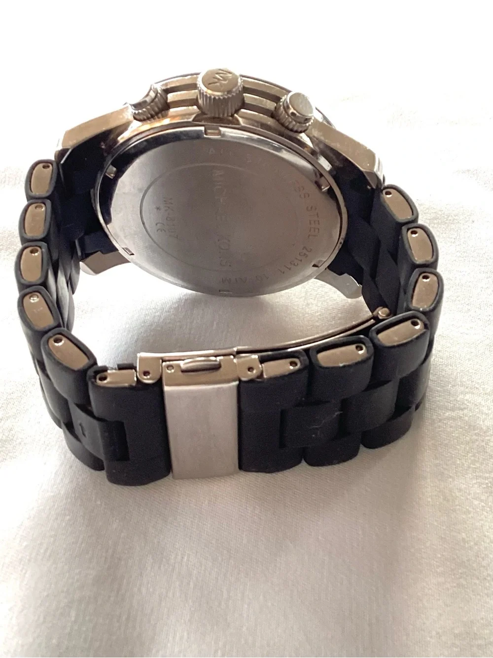 Michael Kors Black Silver Chronograph Silicone Watch New Batteries w/MK Dust Bag